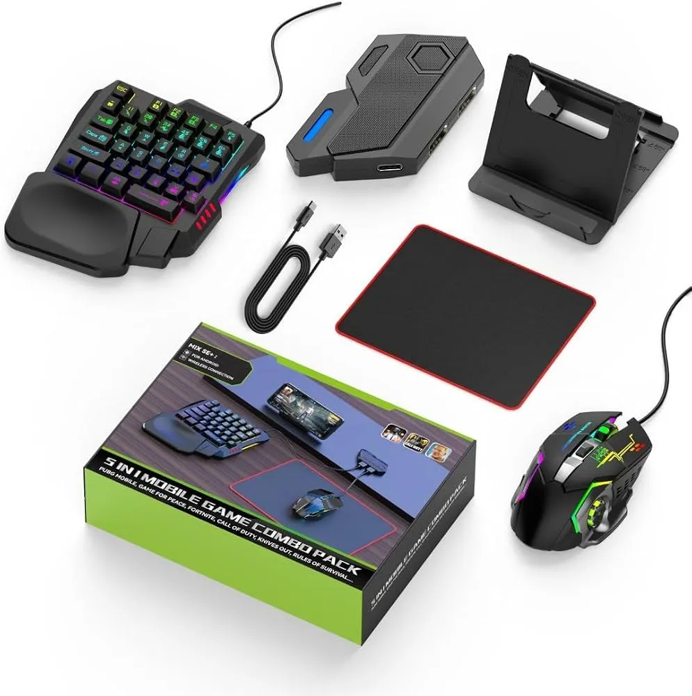 5 in 1 Mobile Game Combo Pack Pro with RGB Mini Gaming Keyboard & Mouse with Side Button, Gaming Adapter with Mobile Game Converter for Android