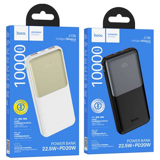 HOCO. Power Bank J136 Fast Charge 10000mAh PD Type-C 20W and USB-A 22.5W QC with Digital Led Display - Black