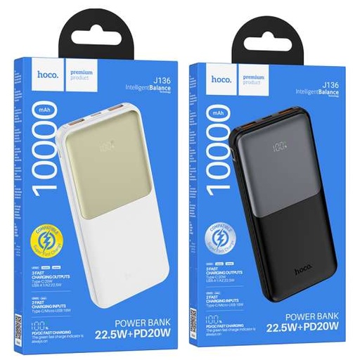 HOCO. Power Bank J136 Fast Charge 10000mAh PD Type-C 20W and USB-A 22.5W QC with Digital Led Display - Black