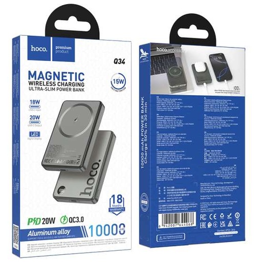 HOCO. Power Bank Magnetic Q34 Fast Charge 10000mAh PD Type-C 20W - Metal Grey